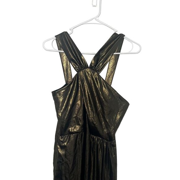 Parker Black Gold Metallic Halter Maxi Gown Asymmetrical Formal Dress 6 - Picture 5 of 16